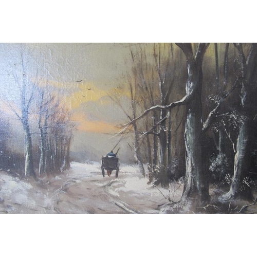 506 - Continental school (19th century) - 'Winter woodland track with horse and cart', oil on canvas, indi... 