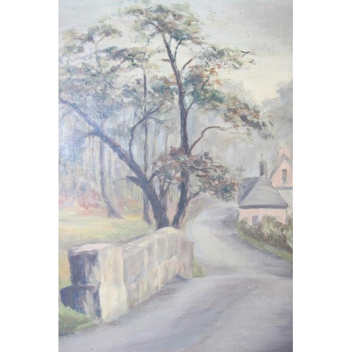 511 - Eileen Baines (20th century) - 'Autumn mists by the bridge of Dibbinsdale', oil on board, signed, in... 