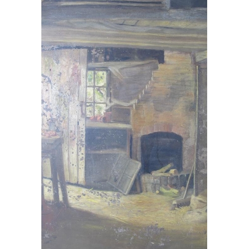 512 - British school (19th century) - 'Barn interior', oil on canvas, 76cm x83cm, stretchered but unframed... 