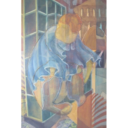 516 - Continental School (20th century) - 'Crouched figure before buildings' oil on canvas, inscribed by h... 