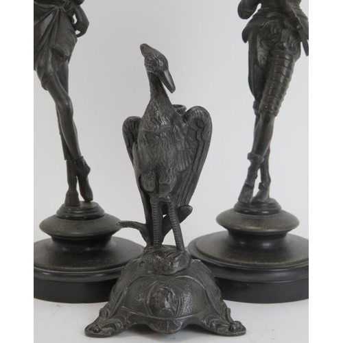 52 - A group of European figural bronze and pewter objects, 19th century. Comprising a bronze figure of D... 