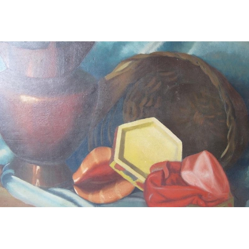 521 - 20th century school - 'Still life objects on a table', oil on boards, 40cm x 50cm, unframed.  Proven... 