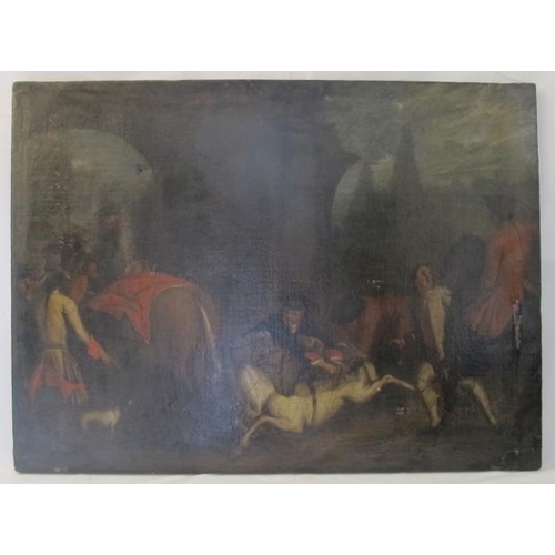 523 - British School (18th/19th century) - 'Figures with horses', canvas, 68cm x 92cm, stretchered but unf... 