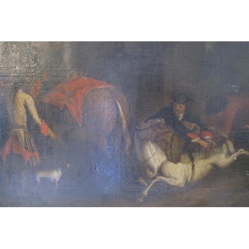 523 - British School (18th/19th century) - 'Figures with horses', canvas, 68cm x 92cm, stretchered but unf... 