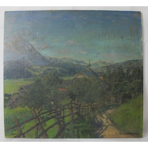 525 - Alpine School (1948) - 'Panoramic mountain scene', oil on board, indistinctly signed, dated 1948, in... 