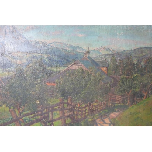 525 - Alpine School (1948) - 'Panoramic mountain scene', oil on board, indistinctly signed, dated 1948, in... 