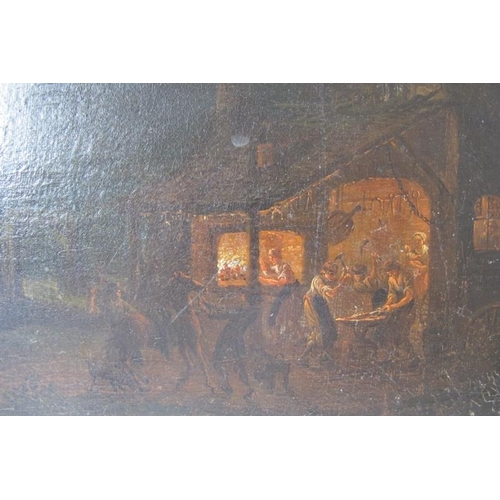 528 - British School (19th century) - 'Blacksmiths at night time', oil on canvas, 23cm x 30cm, stretchered... 