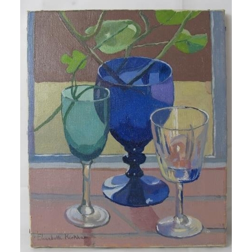 530 - Elizabeth Kirkham (20th century) - 'Still life with glasses', oil on canvas, signed, titled and furt... 