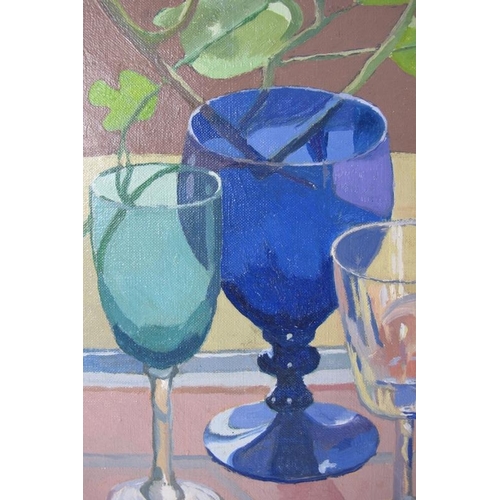 530 - Elizabeth Kirkham (20th century) - 'Still life with glasses', oil on canvas, signed, titled and furt... 