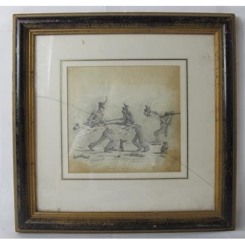 535 - French School (19th century) - 'Soldiers being blown apart', pencil drawing, inscribed in French, 17... 