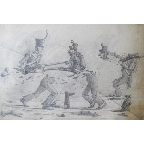 535 - French School (19th century) - 'Soldiers being blown apart', pencil drawing, inscribed in French, 17... 