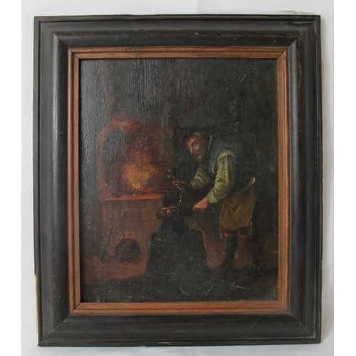 539 - Possibly Dutch School (18th/19th century) - 'Blacksmith at work', oil on old wooden panel, 25cm x 20... 