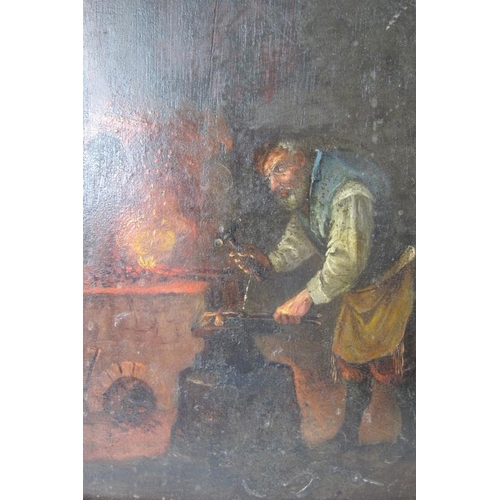 539 - Possibly Dutch School (18th/19th century) - 'Blacksmith at work', oil on old wooden panel, 25cm x 20... 