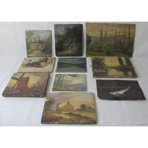 545 - Ten various small landscape oil paintings for restoration, mostly 19th century, one signed F.E. Copp... 