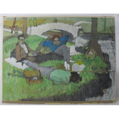 550 - Two indistinctly signed 20th century oils on board, 'Fishing', 38cm x 52cm, and 'Landscape', 24cm x ... 