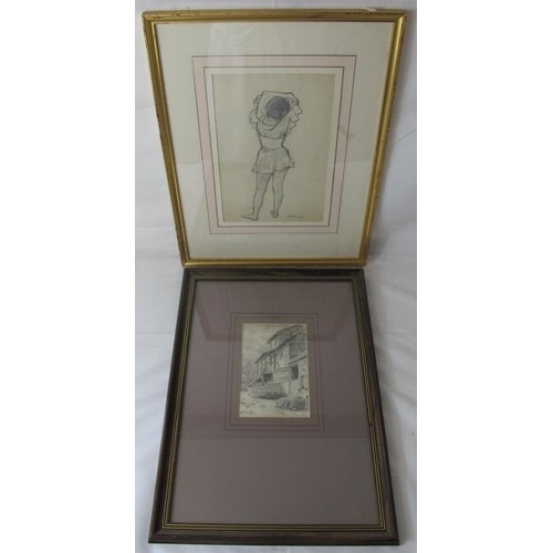 551 - Three pencil drawings: R.M. (1881), 'Two Tudor ladies in a garden', 39cm x 27cm, Betzenoca (1891), '... 