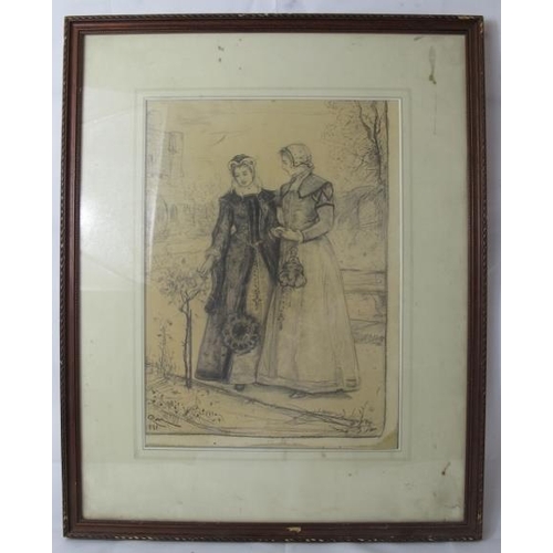 551 - Three pencil drawings: R.M. (1881), 'Two Tudor ladies in a garden', 39cm x 27cm, Betzenoca (1891), '... 