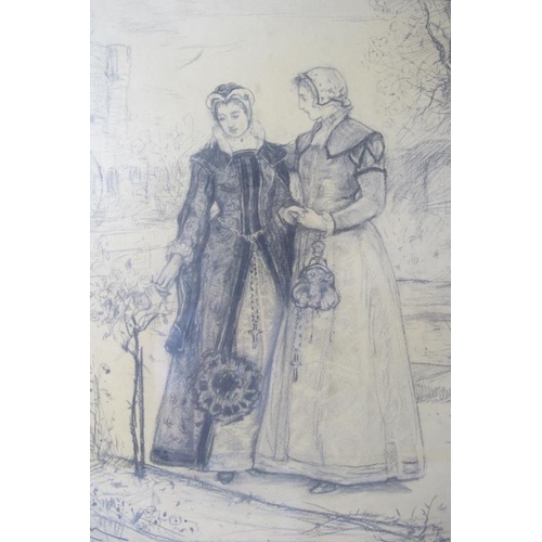 551 - Three pencil drawings: R.M. (1881), 'Two Tudor ladies in a garden', 39cm x 27cm, Betzenoca (1891), '... 