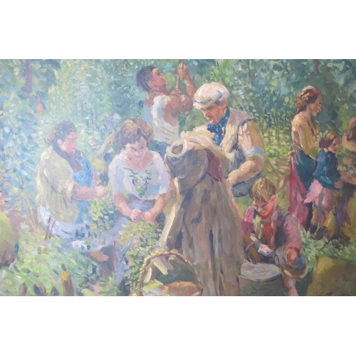 556 - British School (c. 1950's) - 'Hop Pickers', oil on canvas, indistinctly inscribed lower right, 50cm ... 