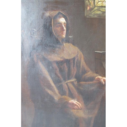 559 - British School (19th century) - 'Monk seated in a chapel', oil on canvas, indistinctly signed lower ... 