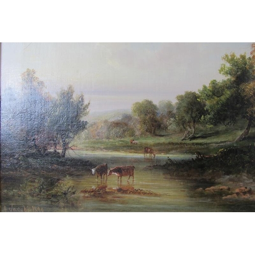 566 - A.A. Jacobi (1890) - 'Nottinghamshire river landscape with cattle watering', oil on canvas, signed a... 