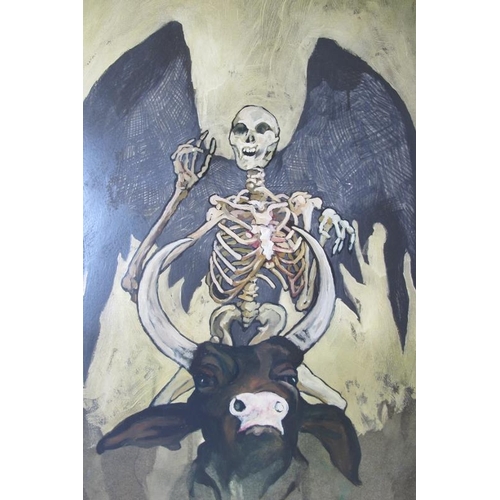 580 - Charlie Pi (British, late 20th/early 21st century) - 'Winged skeleton on the back of a bull', acryli... 