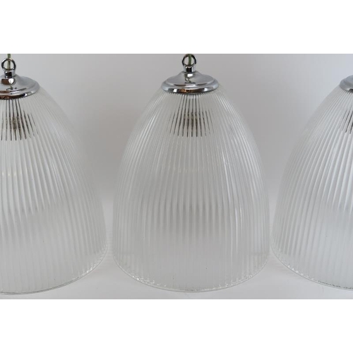 60 - Three vintage holophane glass lampshades, 20th century. Of domed, opal ribbed form with chrome fitti... 