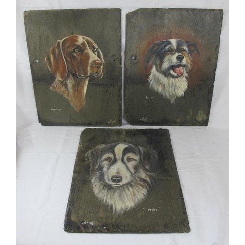 615 - M.M.J. Crofts (20th century) - Three portrait dog paintings on slate panels, each named, signed and ... 