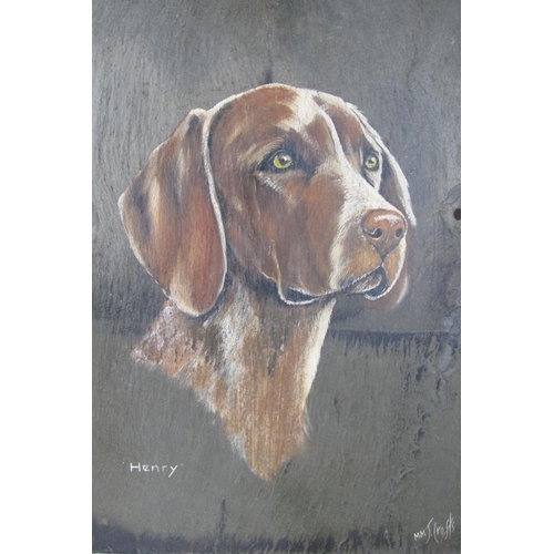 615 - M.M.J. Crofts (20th century) - Three portrait dog paintings on slate panels, each named, signed and ... 