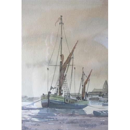 624 - Alan Whitehead (British, b. 1952) - 'Harbour scene, tide out, moored boats', watercolour, signed, De... 