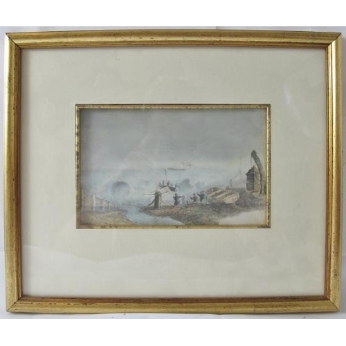 627 - British School (19th century) - 'Lifeboat launching in heavy seas', watercolour, labels verso, 12cm ... 