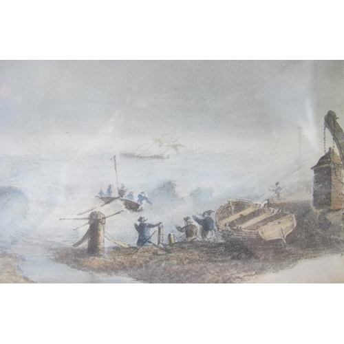 627 - British School (19th century) - 'Lifeboat launching in heavy seas', watercolour, labels verso, 12cm ... 