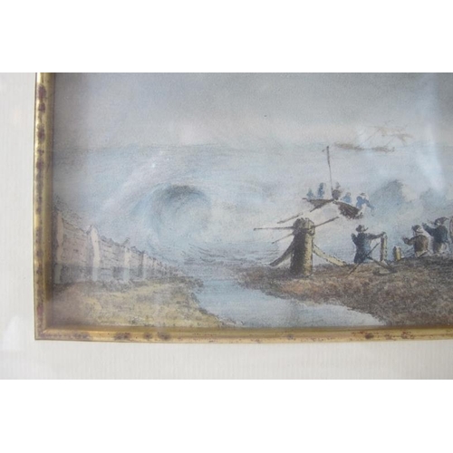 627 - British School (19th century) - 'Lifeboat launching in heavy seas', watercolour, labels verso, 12cm ... 