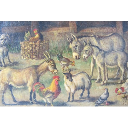 630 - Attributed to Walter Hunt (British, 1861-1941) - 'Farmyard scene with farmyard animals', oil on pane... 