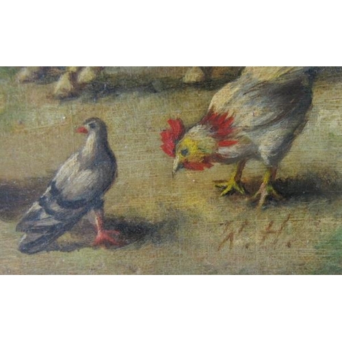 630 - Attributed to Walter Hunt (British, 1861-1941) - 'Farmyard scene with farmyard animals', oil on pane... 