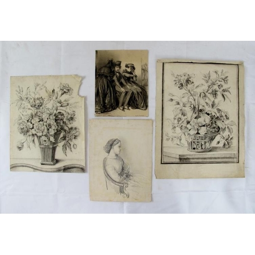 631 - 19th century school - pencil drawings, two flower studies, seated girl and group of  figures inscrib... 