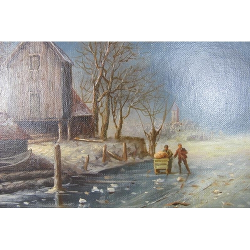 633 - H. Hess (20th century) - 'Dutch Winter landscape', oil on board, signed, label verso for 'National F... 