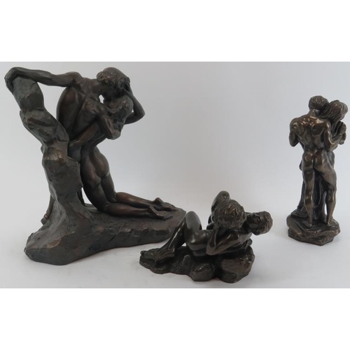 67 - A group of three bronzed figural groups of lovers embracing, late 20th century. (3 items) 11 in (28 ... 