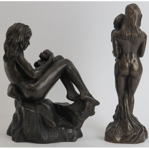 68 - Two bronzed figural groups depicting mothers with their young children, late 20th century. 8.5 in (2... 