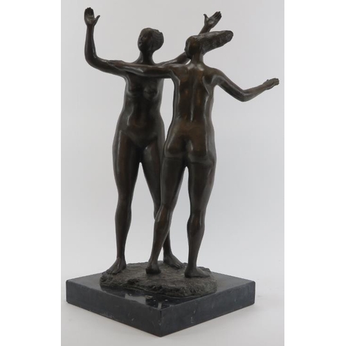 70 - A bronze figural group of two dancing ladies signed A Leonard, 20th century. Displayed on a square m... 