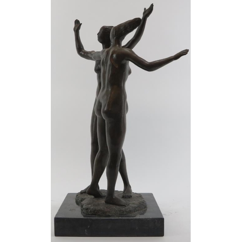 70 - A bronze figural group of two dancing ladies signed A Leonard, 20th century. Displayed on a square m... 