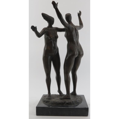 70 - A bronze figural group of two dancing ladies signed A Leonard, 20th century. Displayed on a square m... 