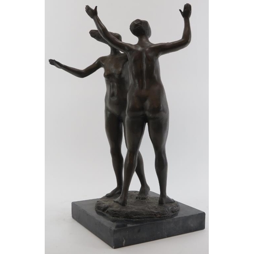 70 - A bronze figural group of two dancing ladies signed A Leonard, 20th century. Displayed on a square m... 