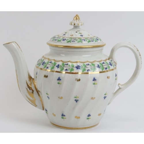 8 - An early Worcester Chamberlain gilt and enamel decorated porcelain teapot and two saucers, late 18th... 