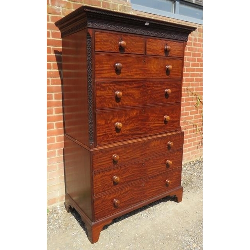 702 - A good George III mahogany secretaire chest on chest, the cornice with Greek Key and dentil moulding... 