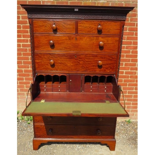 702 - A good George III mahogany secretaire chest on chest, the cornice with Greek Key and dentil moulding... 