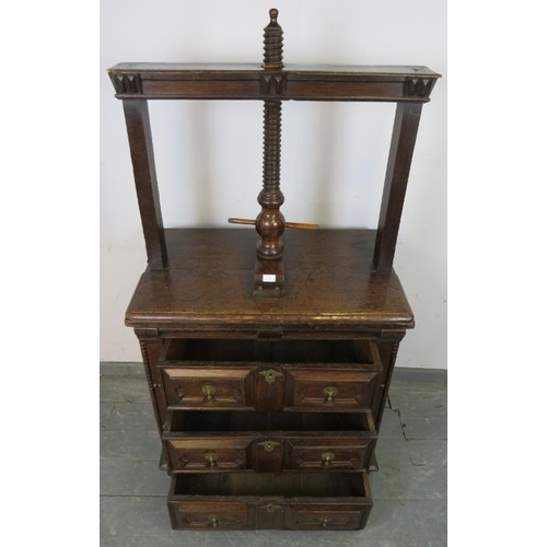 711 - A 17th century William & Mary oak chest with elm press, above three long drawers with geometric moul... 