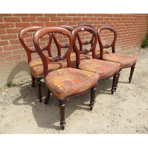 737 - A set of six Victorian mahogany balloon back dining chairs, reupholstered in geometric patterned mat... 