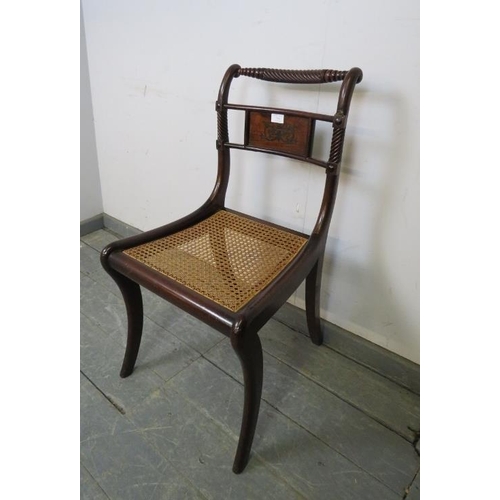 746 - A Regency Period mahogany rope back occasional chair, with brass Boulle work inlay and bergère seat,... 