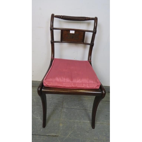 746 - A Regency Period mahogany rope back occasional chair, with brass Boulle work inlay and bergère seat,... 